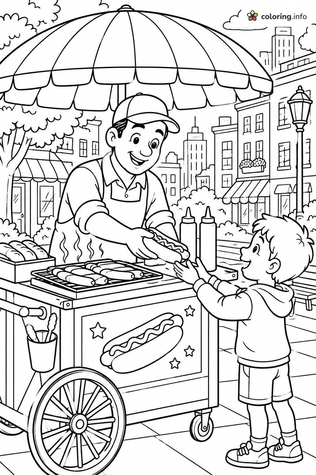 Park Cart Hot Dog Vendor Serving a Happy Boy printable coloring page Park Cart Hot Dog Vendor Serving a Happy Boy printable coloring page