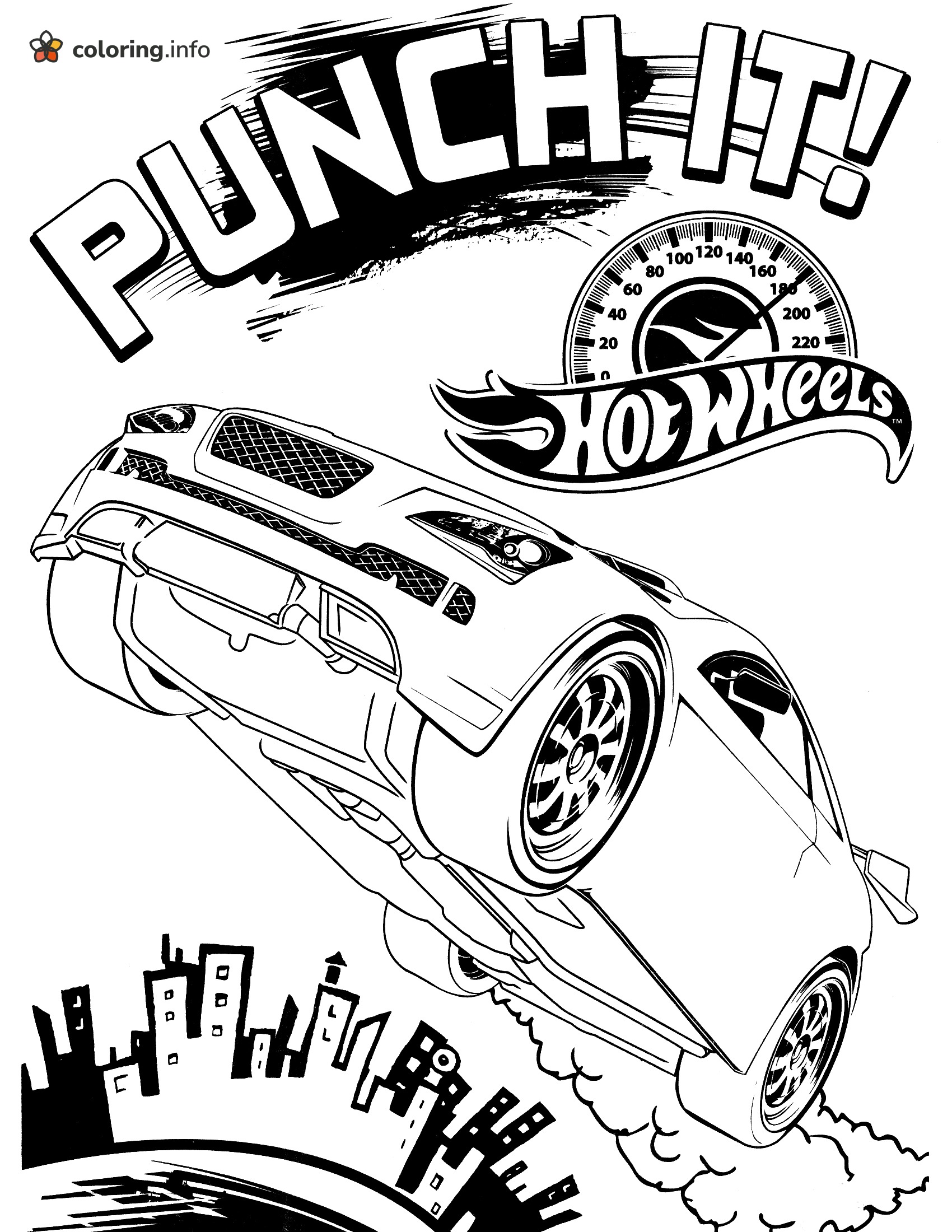 Wheelie Time: Hot Wheels Car Over the City Skyline coloring page Wheelie Time: Hot Wheels Car Over the City Skyline coloring page