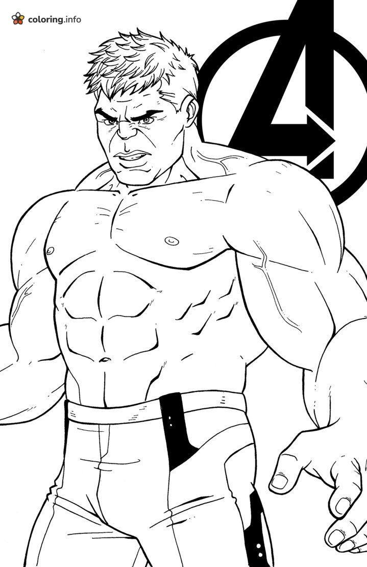 Flexing Hulk Next to the Avengers Logo coloring sheet Flexing Hulk Next to the Avengers Logo coloring sheet