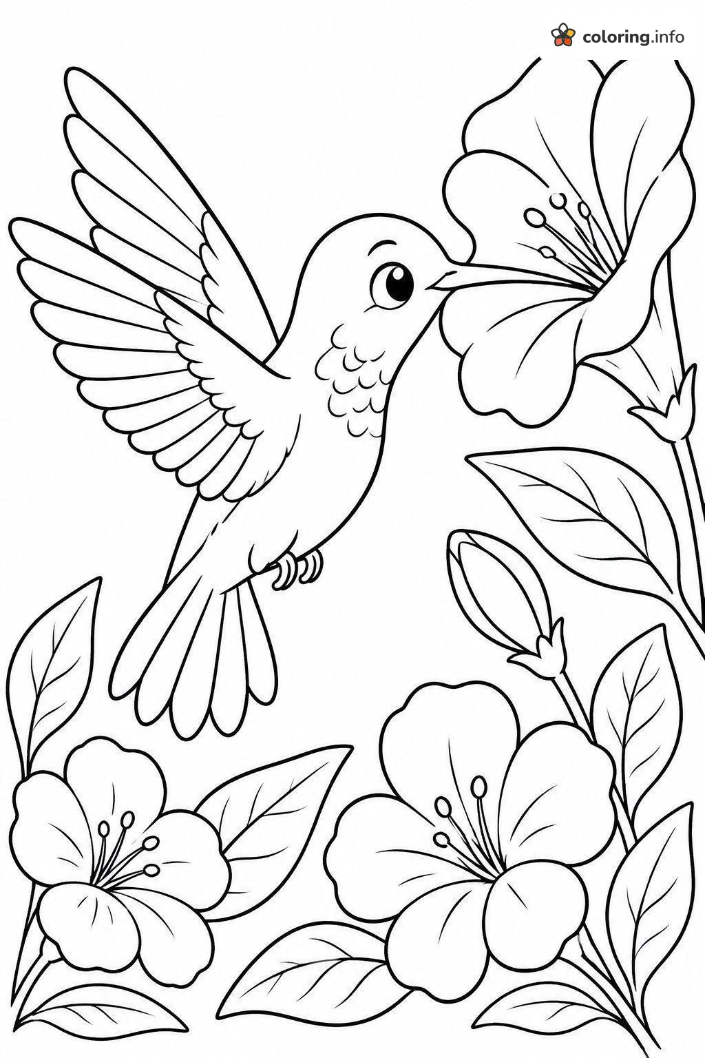 Hovering Hummingbird Sipping from Big Trumpet Flowers coloring page Hovering Hummingbird Sipping from Big Trumpet Flowers coloring page