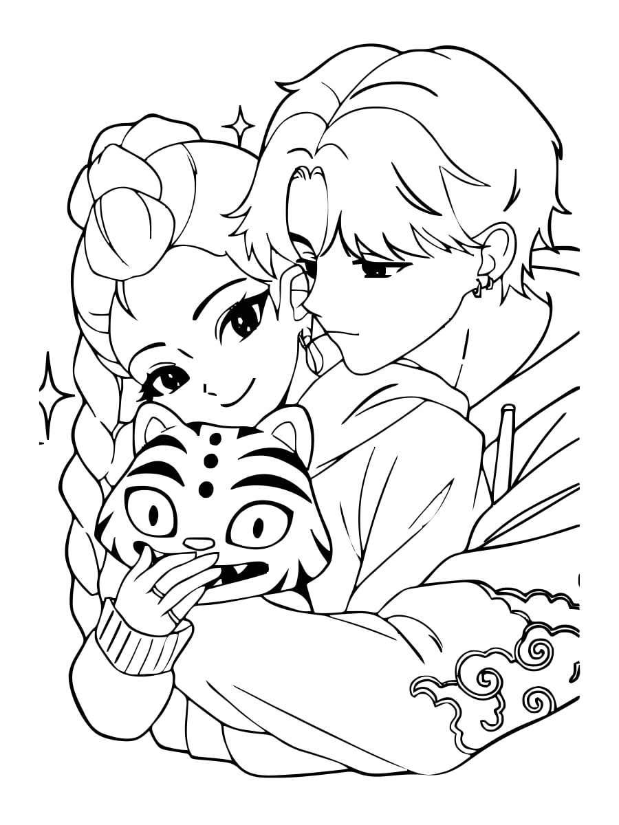 Huntrix Duo with Derpy the Tiger coloring page Huntrix Duo with Derpy the Tiger coloring page
