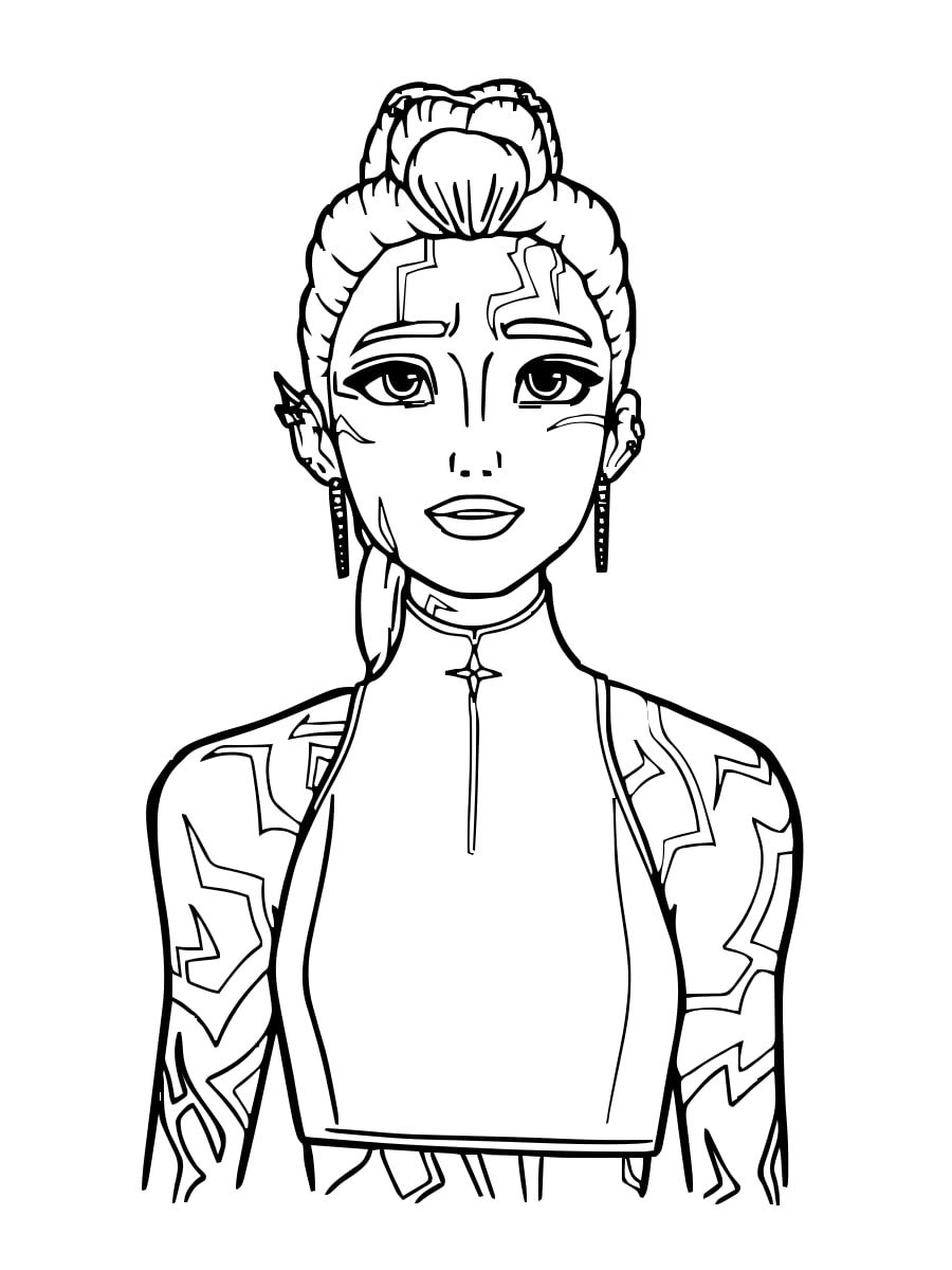 Huntrix — High Bun, Graphic Outfit printable coloring page Huntrix — High Bun, Graphic Outfit printable coloring page