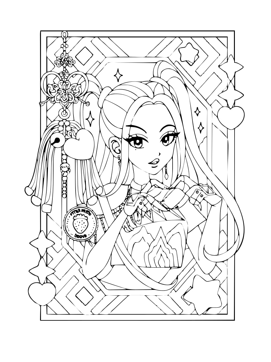 Huntrix — Mysterious Singer with Accessories coloring sheet Huntrix — Mysterious Singer with Accessories coloring sheet