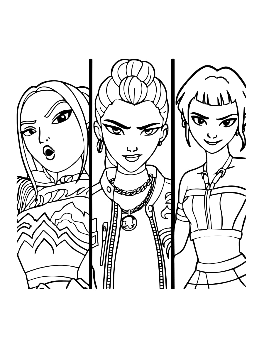 Huntrix Trio — Close-Up Portraits printable coloring page Huntrix Trio — Close-Up Portraits printable coloring page