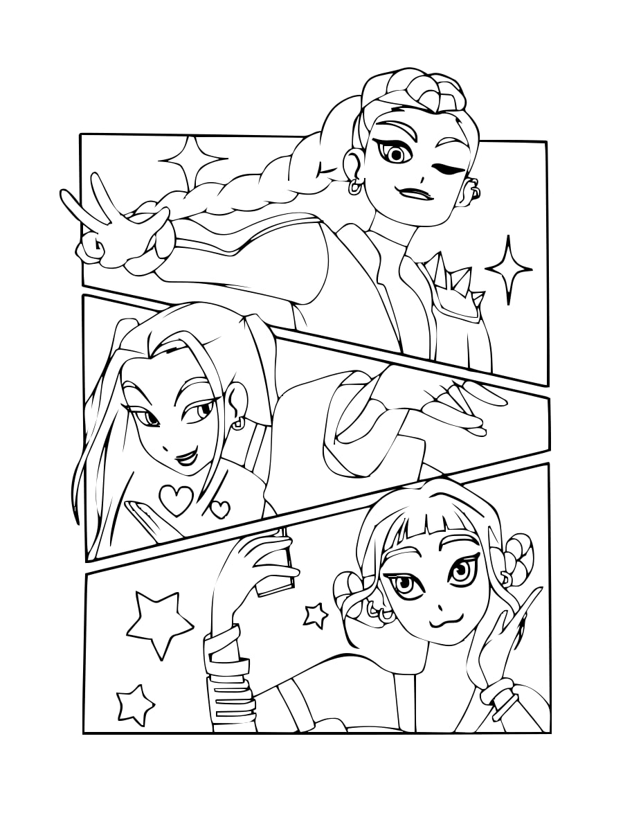 Huntrix Trio — Dynamic Poses with Stars coloring sheet Huntrix Trio — Dynamic Poses with Stars coloring sheet