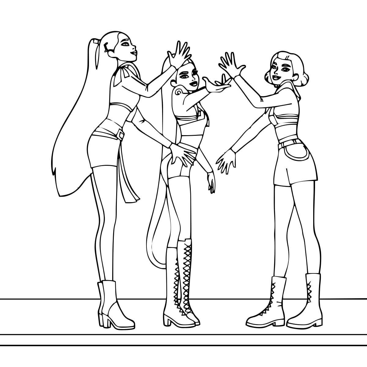 Huntrix Trio — Magical Dance Pose printable coloring page Huntrix Trio — Magical Dance Pose printable coloring page
