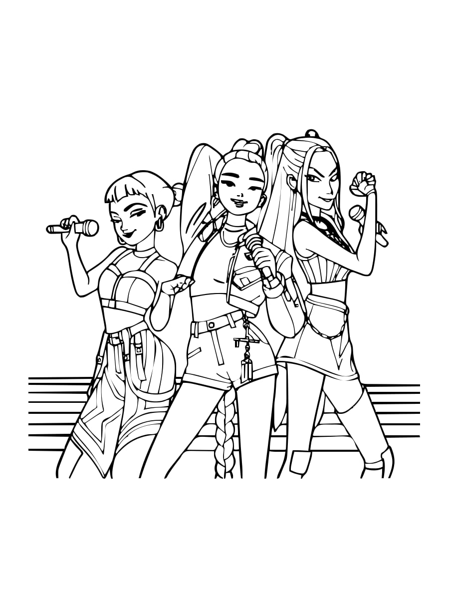 Huntrix Trio — On Stage with Microphones coloring page Huntrix Trio — On Stage with Microphones coloring page