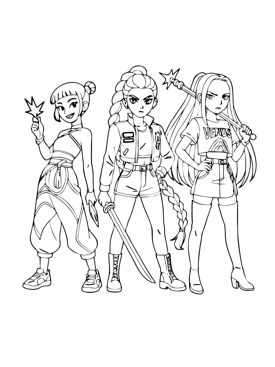 Huntrix Trio — Warriors with Magical Weapons coloring page Huntrix Trio — Warriors with Magical Weapons coloring page