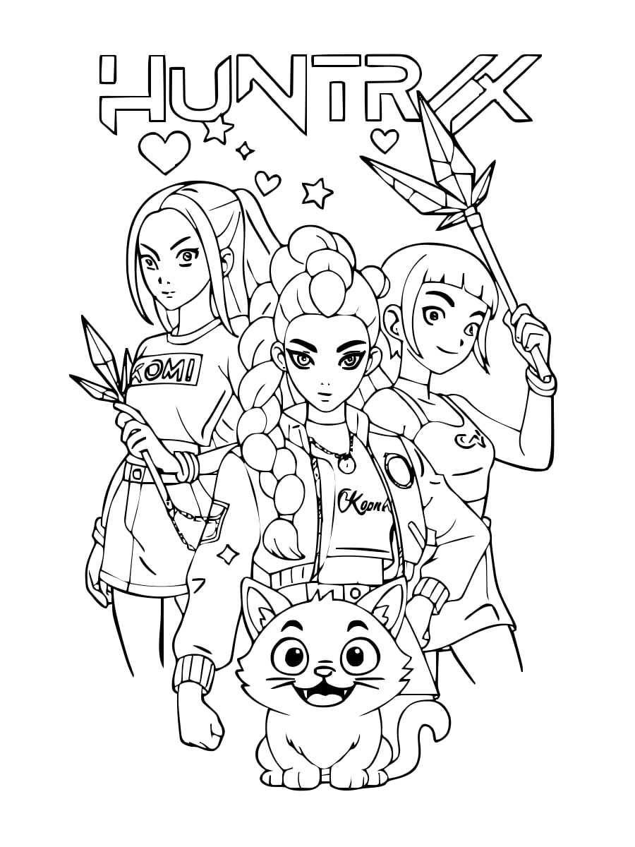 Huntrix Trio with Derpy the Tiger coloring sheet Huntrix Trio with Derpy the Tiger coloring sheet