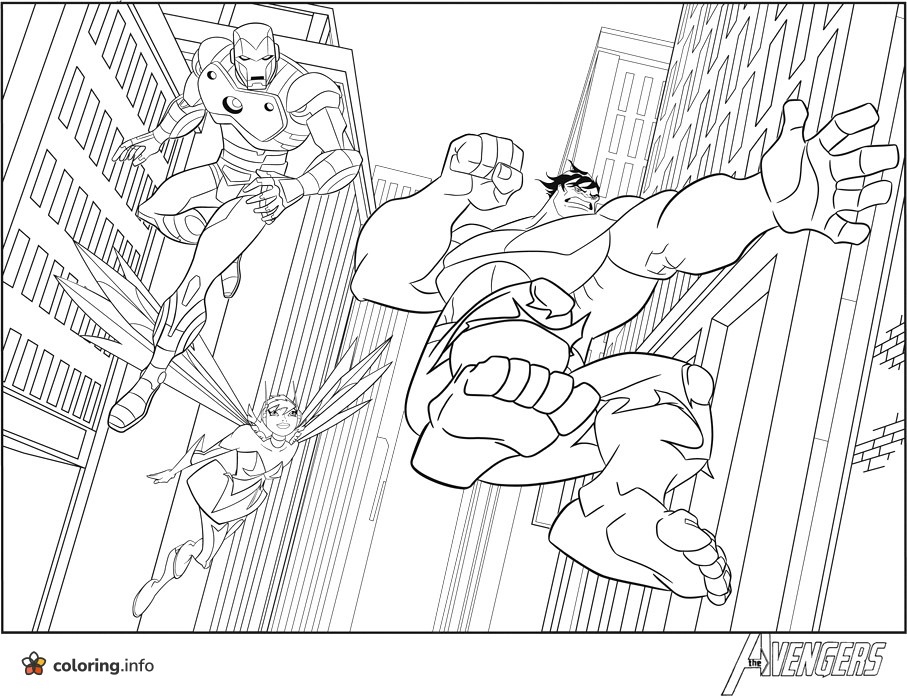 Wasp, Hulk and Iron Man in a City Canyon coloring page Wasp, Hulk and Iron Man in a City Canyon coloring page