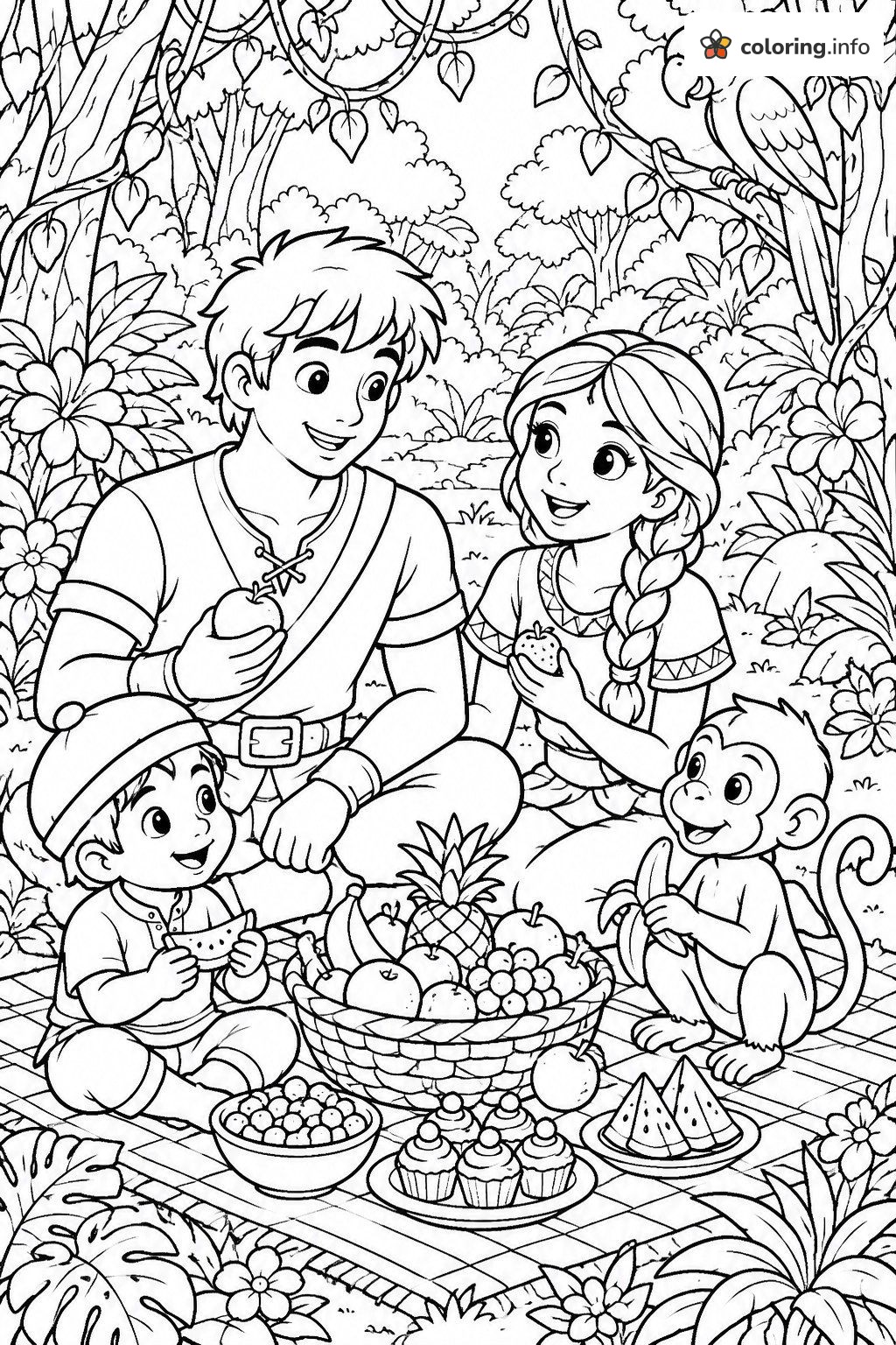 Jungle Picnic With Fruit, a Monkey and a Parrot, Chhota Bheem Page coloring page Jungle Picnic With Fruit, a Monkey and a Parrot, Chhota Bheem Page coloring page