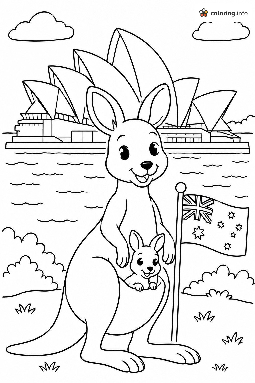 Australia Countries Printable with Kangaroo, Joey and Opera House coloring page Australia Countries Printable with Kangaroo, Joey and Opera House coloring page