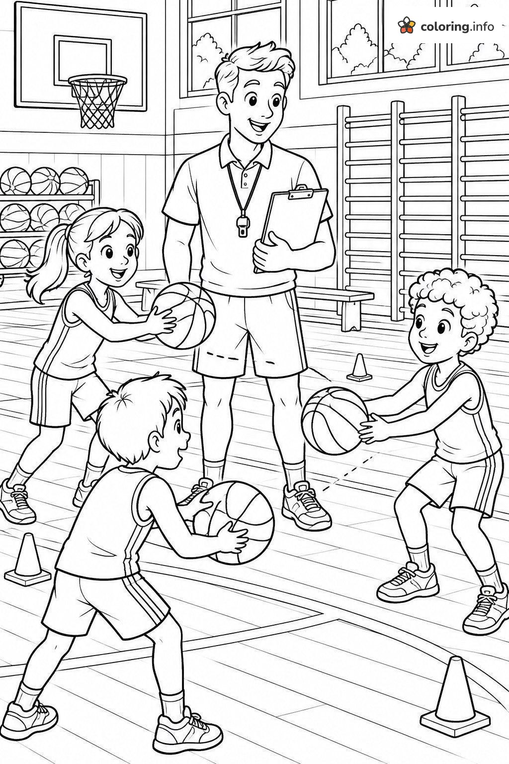 Gym Practice Basketball Drill with the Coach coloring page Gym Practice Basketball Drill with the Coach coloring page