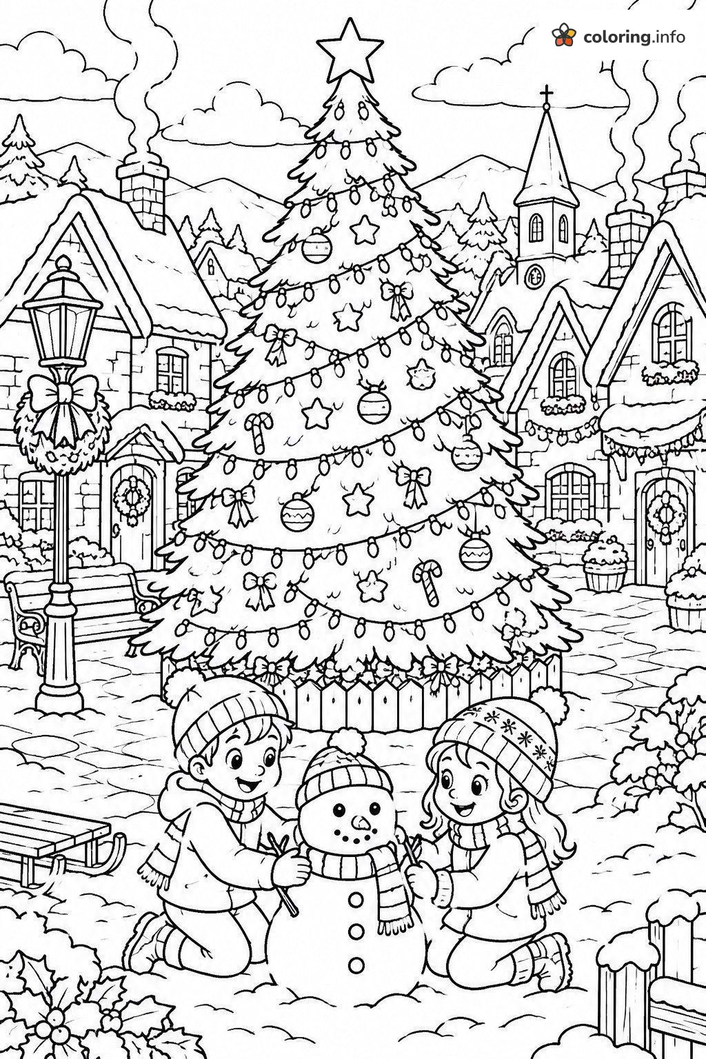 Village Square Christmas Tree with Kids Making a Snowman coloring sheet Village Square Christmas Tree with Kids Making a Snowman coloring sheet