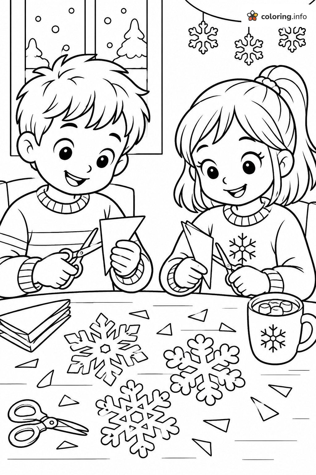 Paper Snowflakes Craft Time at the Table coloring page Paper Snowflakes Craft Time at the Table coloring page
