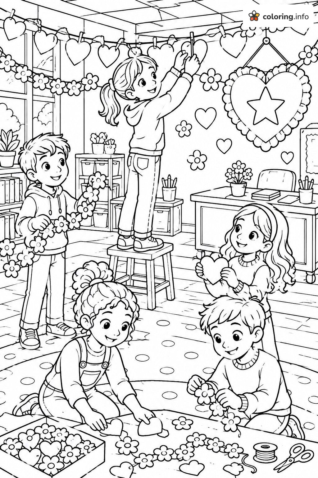 Decorating the Classroom with Hearts for Teacher Appreciation Day printable coloring page Decorating the Classroom with Hearts for Teacher Appreciation Day printable coloring page