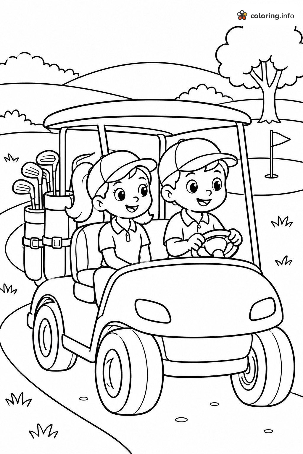 Two Kids Riding a Golf Cart Down the Path coloring page Two Kids Riding a Golf Cart Down the Path coloring page