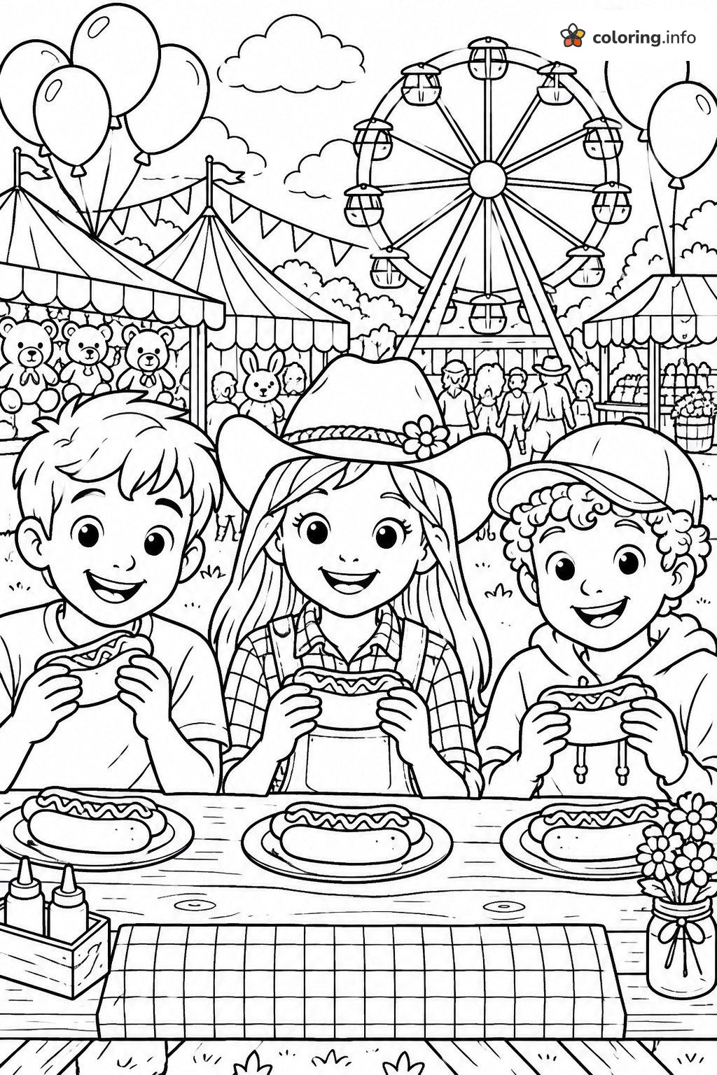 Three Kids Eating Hot Dogs at the Fair printable coloring page Three Kids Eating Hot Dogs at the Fair printable coloring page