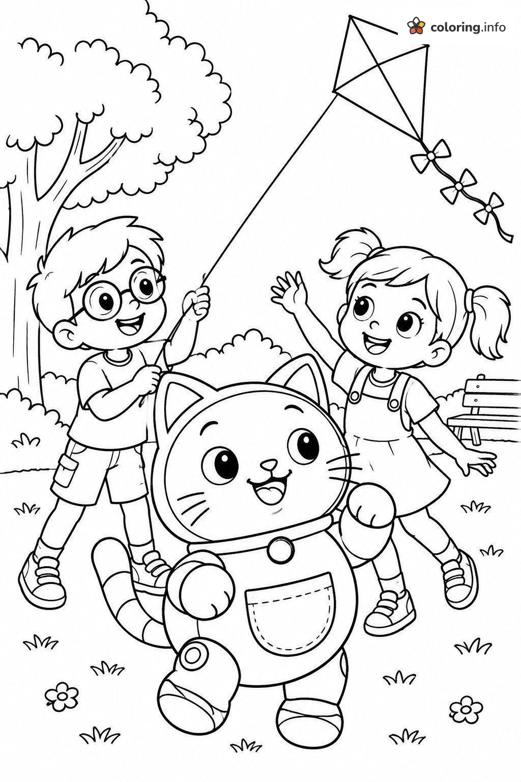 Kite Flying in the Park with Doraemon and Friends printable coloring page Kite Flying in the Park with Doraemon and Friends printable coloring page