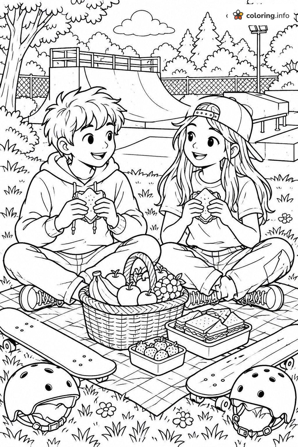 Picnic Break After Skateboarding at the Skate Park coloring page Picnic Break After Skateboarding at the Skate Park coloring page