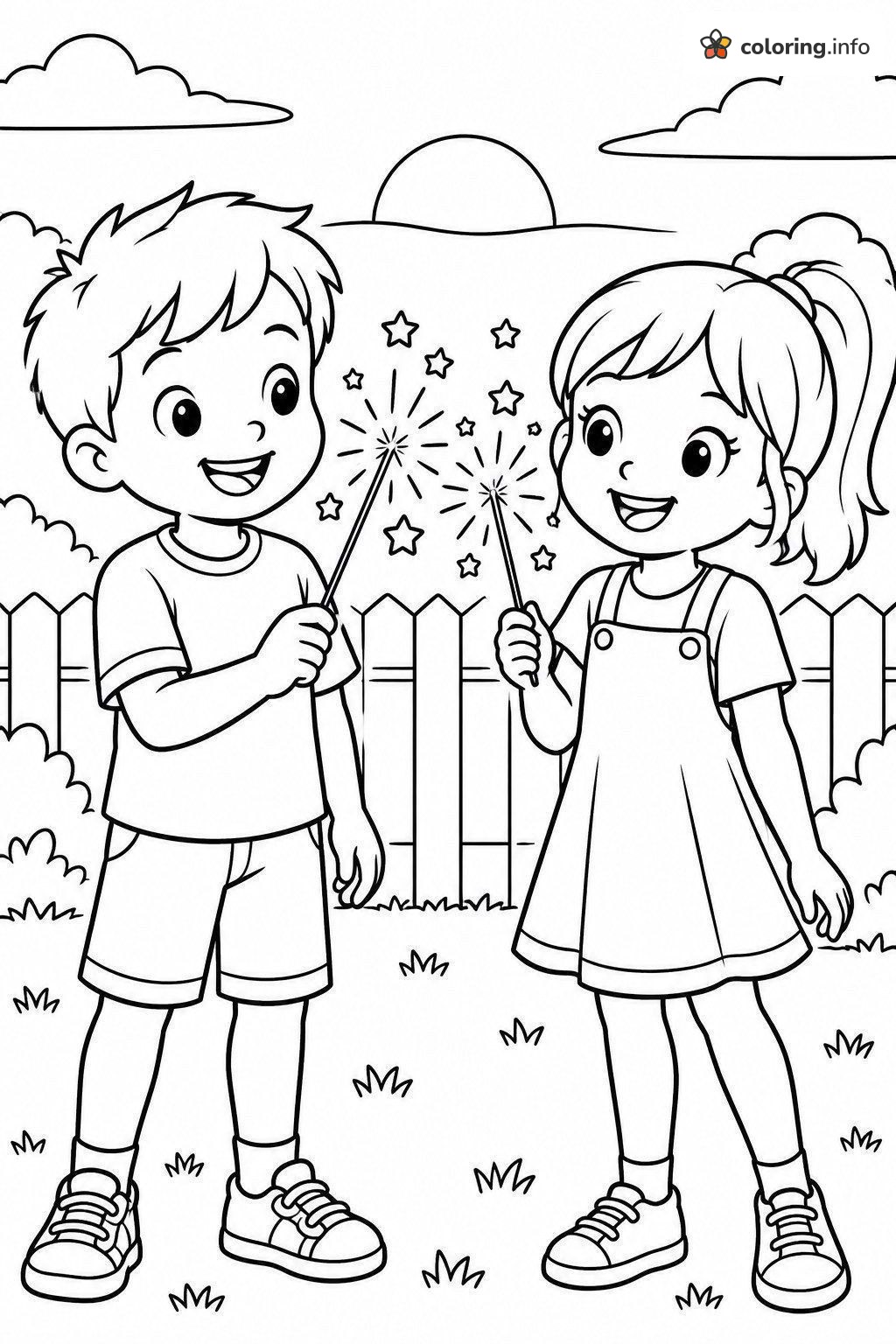 Two Kids With Sparklers, 4th of July Backyard Scene printable coloring page Two Kids With Sparklers, 4th of July Backyard Scene printable coloring page