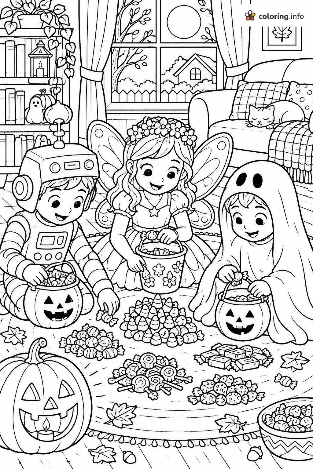Candy Sorting Party in Robot, Fairy and Ghost Halloween Costumes coloring page Candy Sorting Party in Robot, Fairy and Ghost Halloween Costumes coloring page