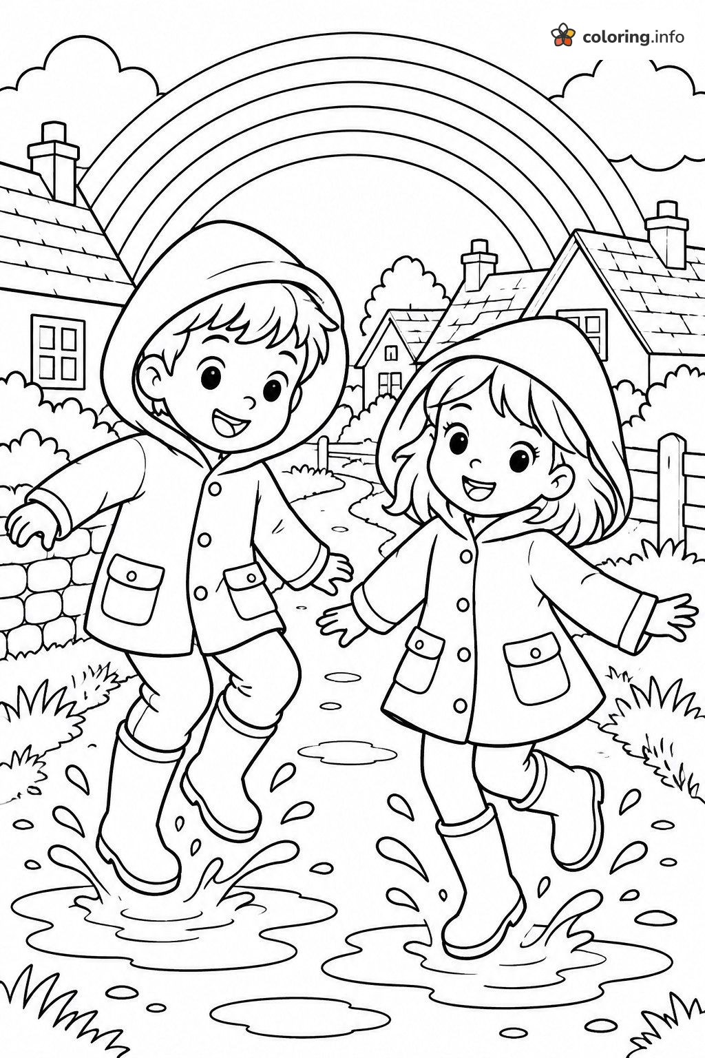 Puddle-Jumping Kids Beneath a Rainbow coloring page Puddle-Jumping Kids Beneath a Rainbow coloring page