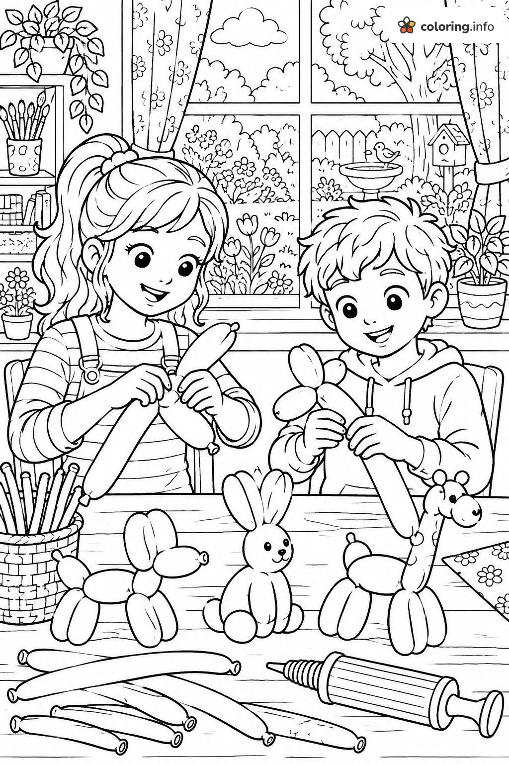 Two Kids Twisting Balloon Animals by the Window coloring page Two Kids Twisting Balloon Animals by the Window coloring page