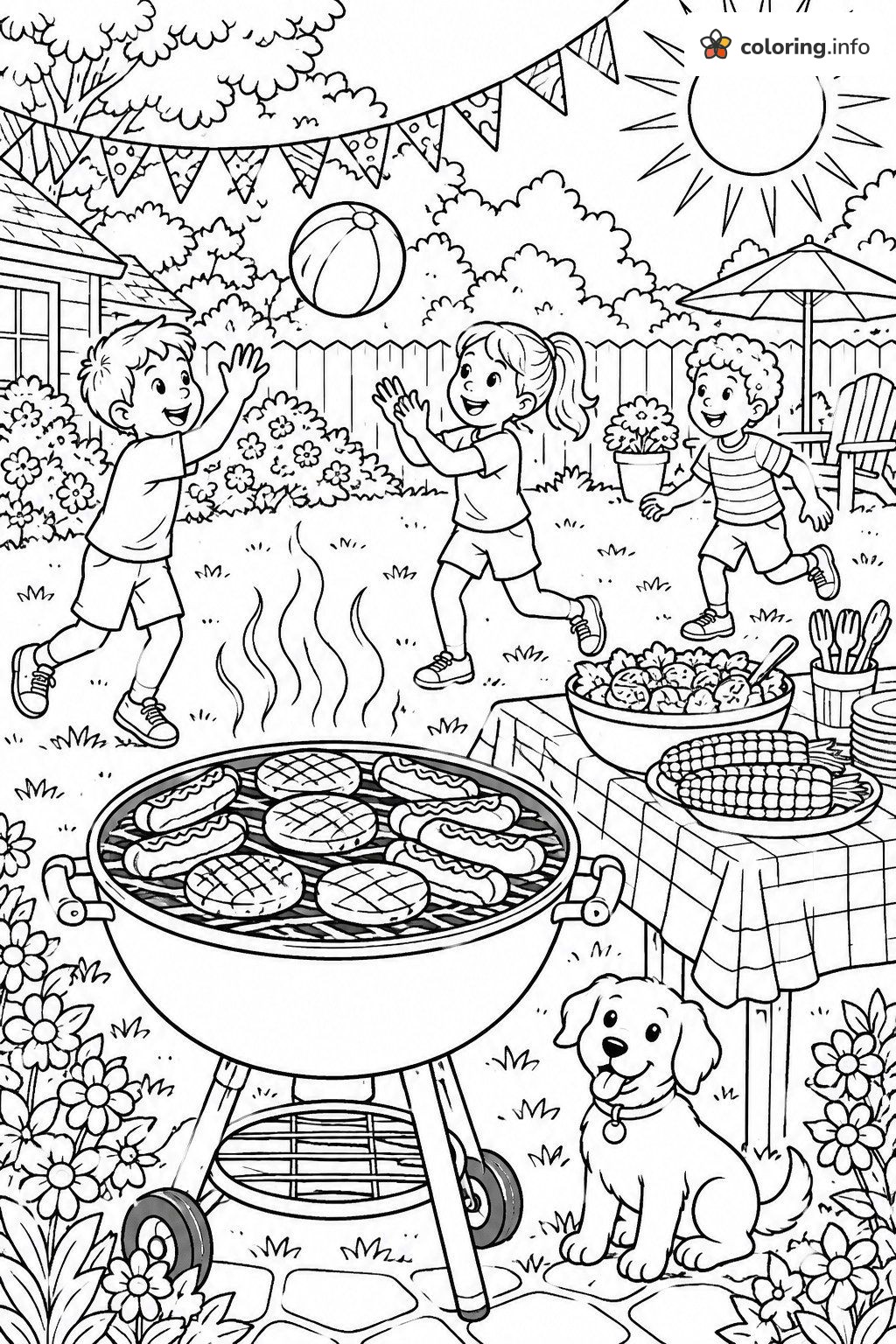 Backyard Cookout with Hot Dogs and Beach Ball Fun coloring page Backyard Cookout with Hot Dogs and Beach Ball Fun coloring page