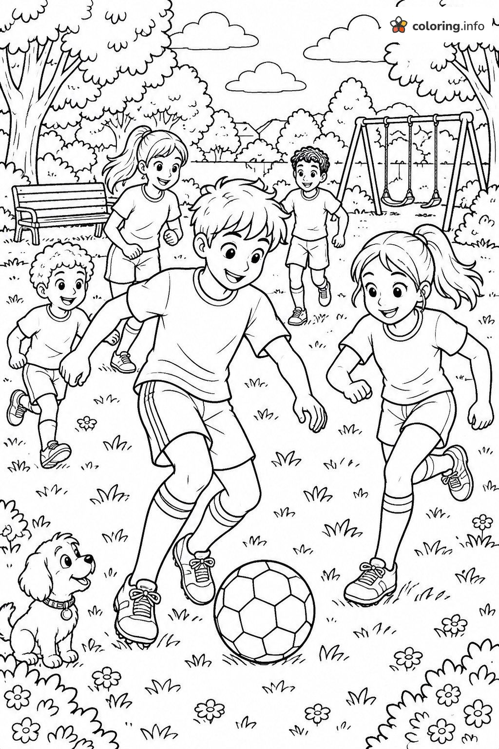 Park Day Soccer with Kids and a Puppy printable coloring page Park Day Soccer with Kids and a Puppy printable coloring page