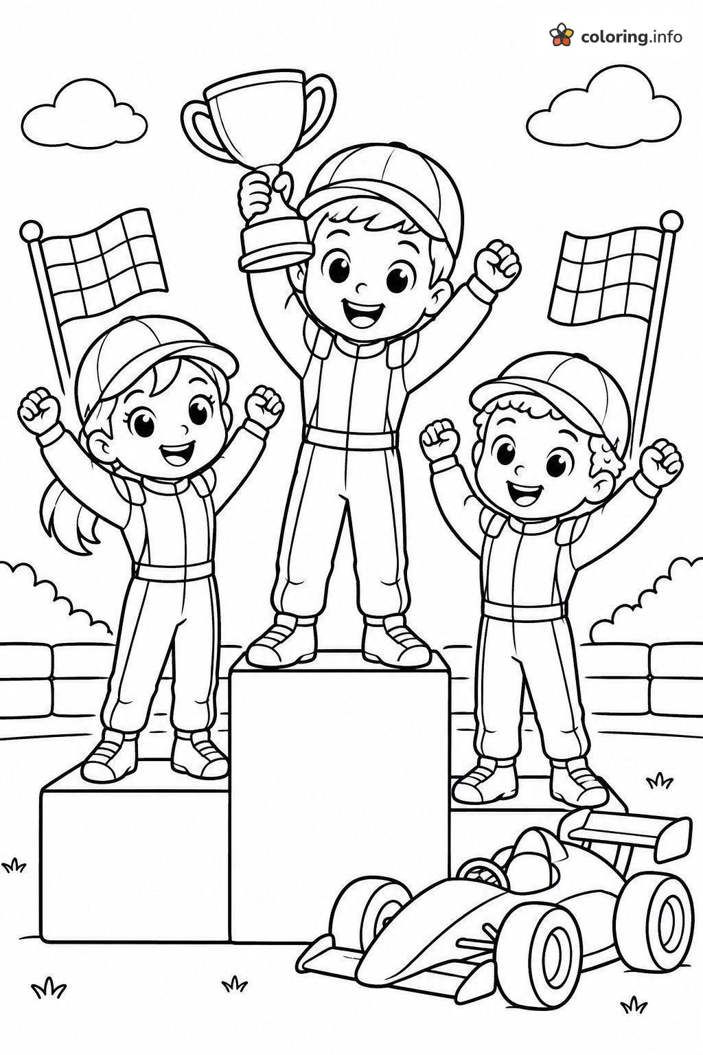 Winners Podium with Kid Race Car Champions coloring page Winners Podium with Kid Race Car Champions coloring page