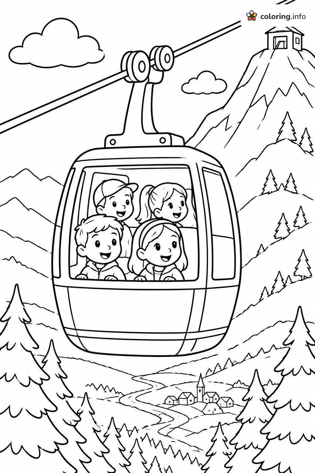 Four Kids in a Cable Car Over the Mountains printable coloring page Four Kids in a Cable Car Over the Mountains printable coloring page
