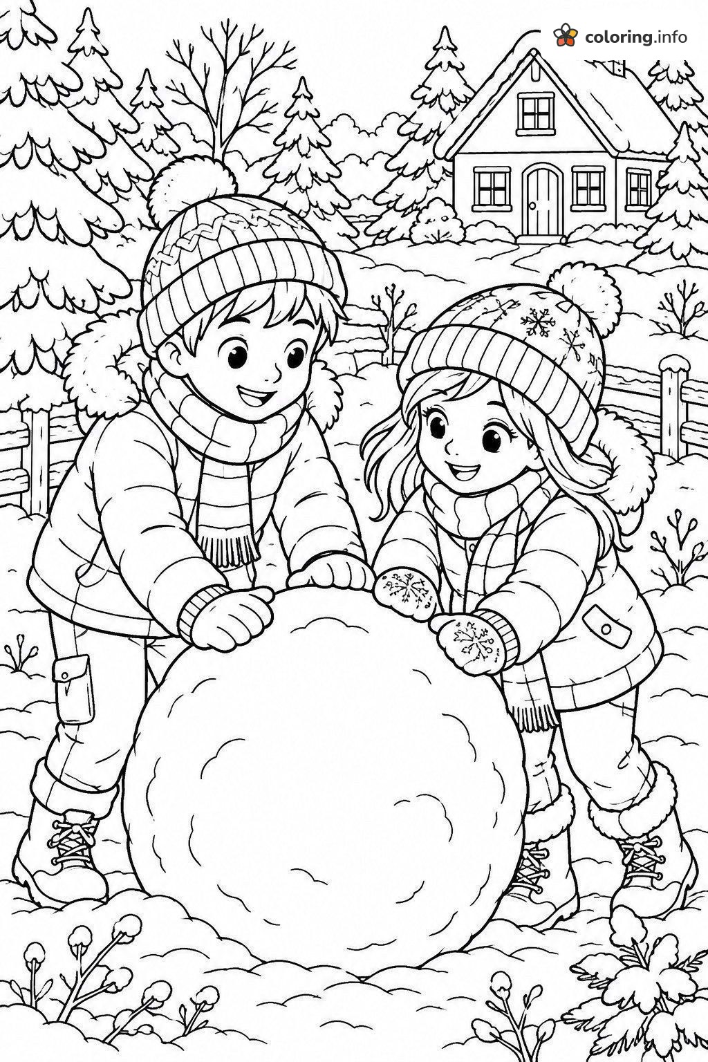 Kids Rolling a Giant Snowball, Christmas Winter Yard coloring page Kids Rolling a Giant Snowball, Christmas Winter Yard coloring page