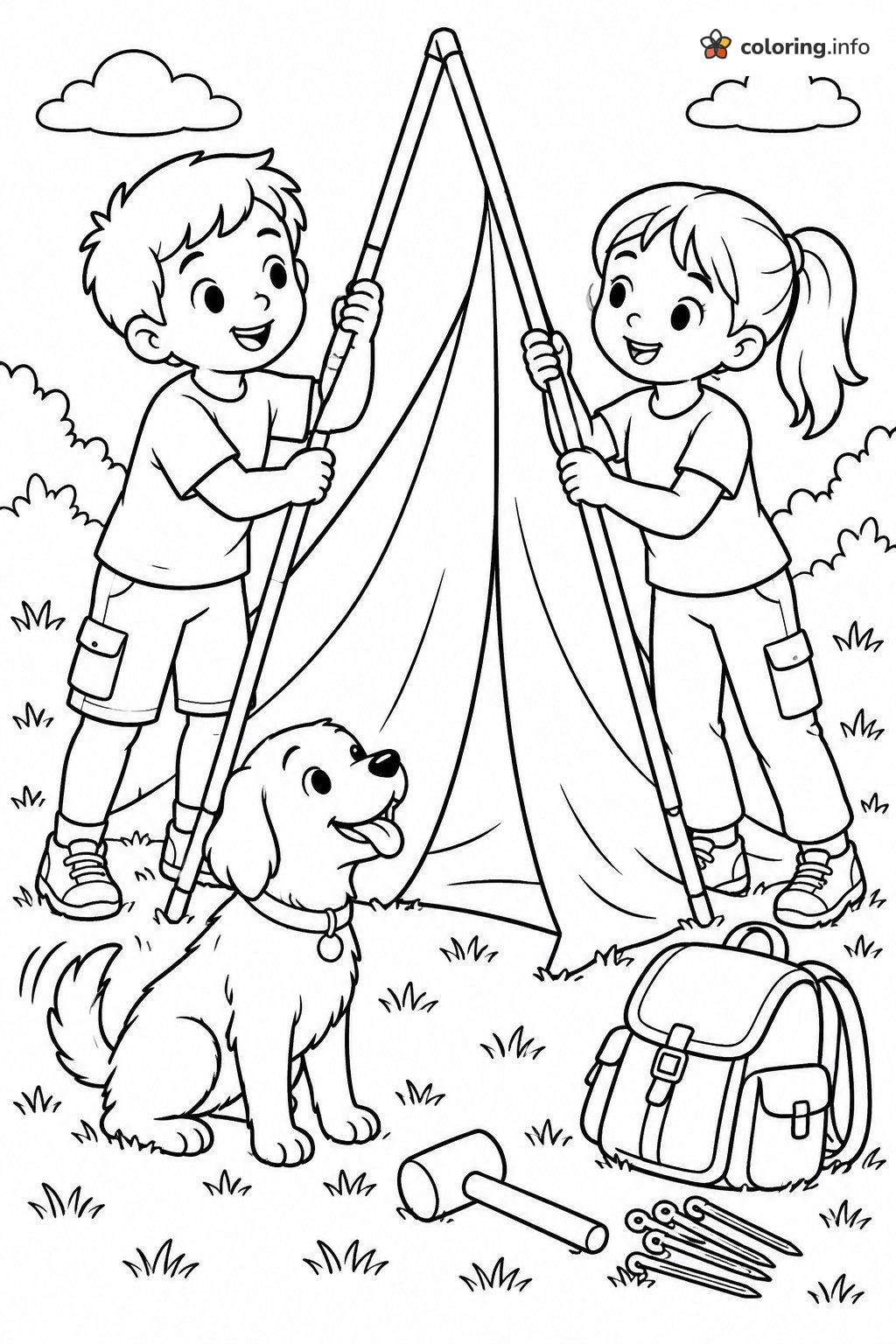 Kids and Dog Pitching a Camping Tent coloring page Kids and Dog Pitching a Camping Tent coloring page