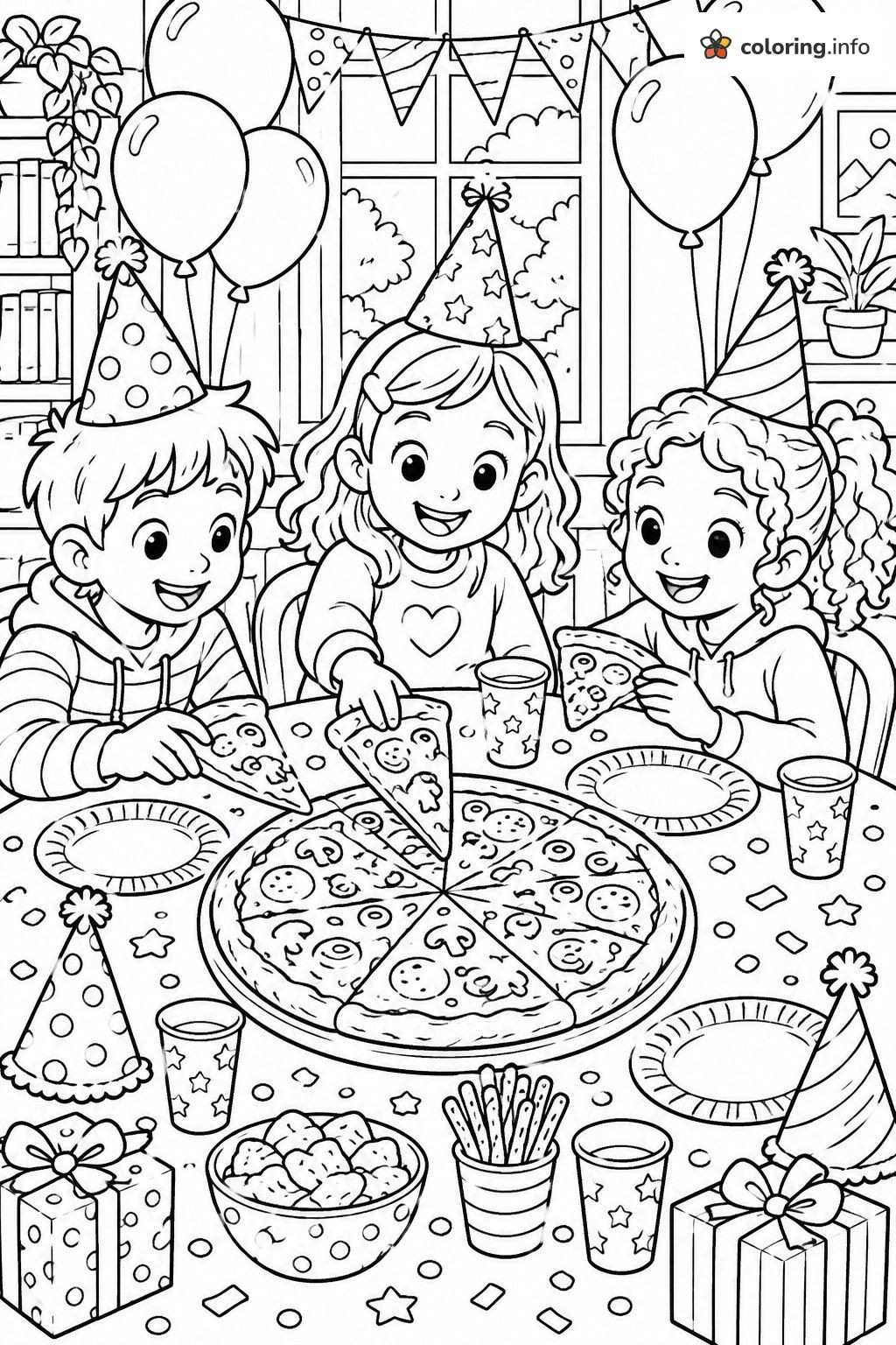 Birthday Party Pizza Table with Three Happy Kids coloring page Birthday Party Pizza Table with Three Happy Kids coloring page