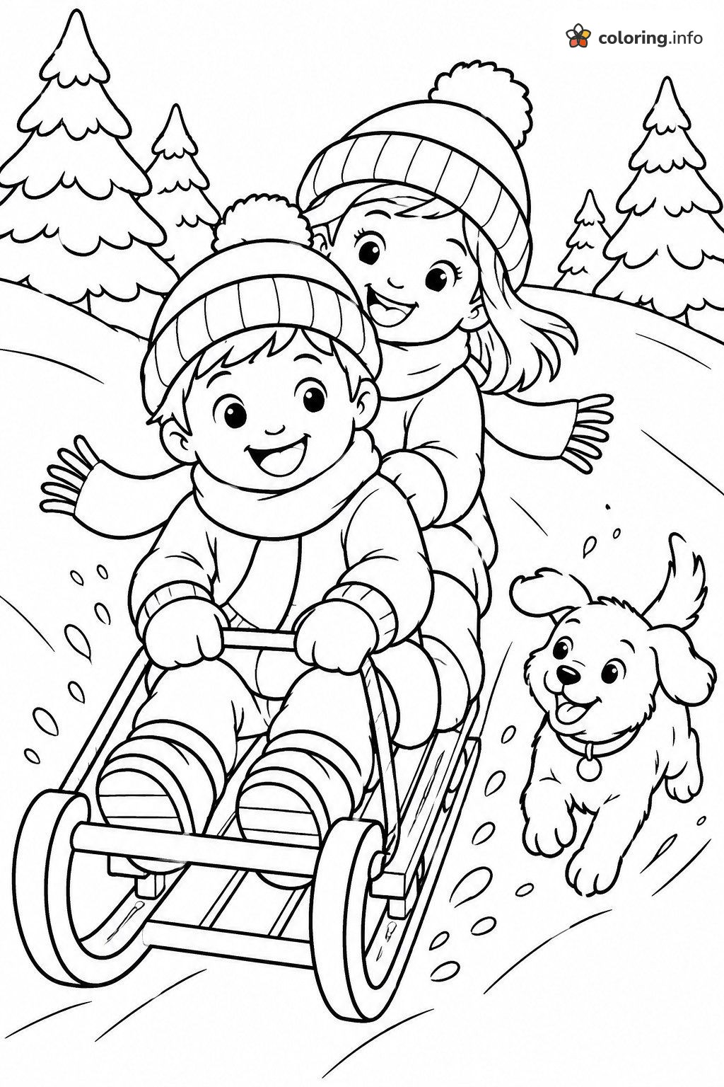 Two Kids and a Puppy on a Christmas Sled coloring page Two Kids and a Puppy on a Christmas Sled coloring page