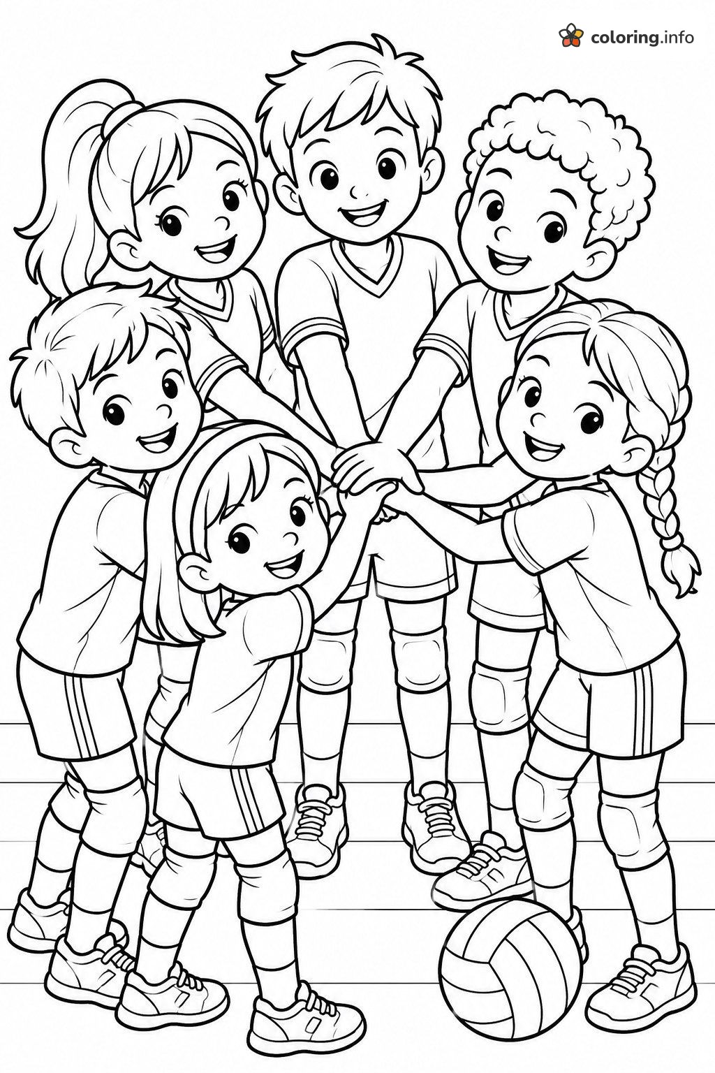Team Huddle for a Kids Volleyball Game coloring page Team Huddle for a Kids Volleyball Game coloring page