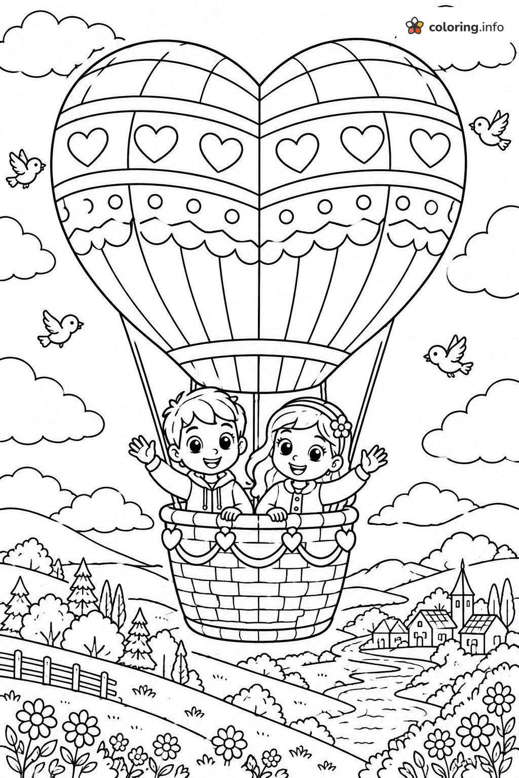 Heart Balloon Ride for Valentine's Day coloring page Heart Balloon Ride for Valentine's Day coloring page