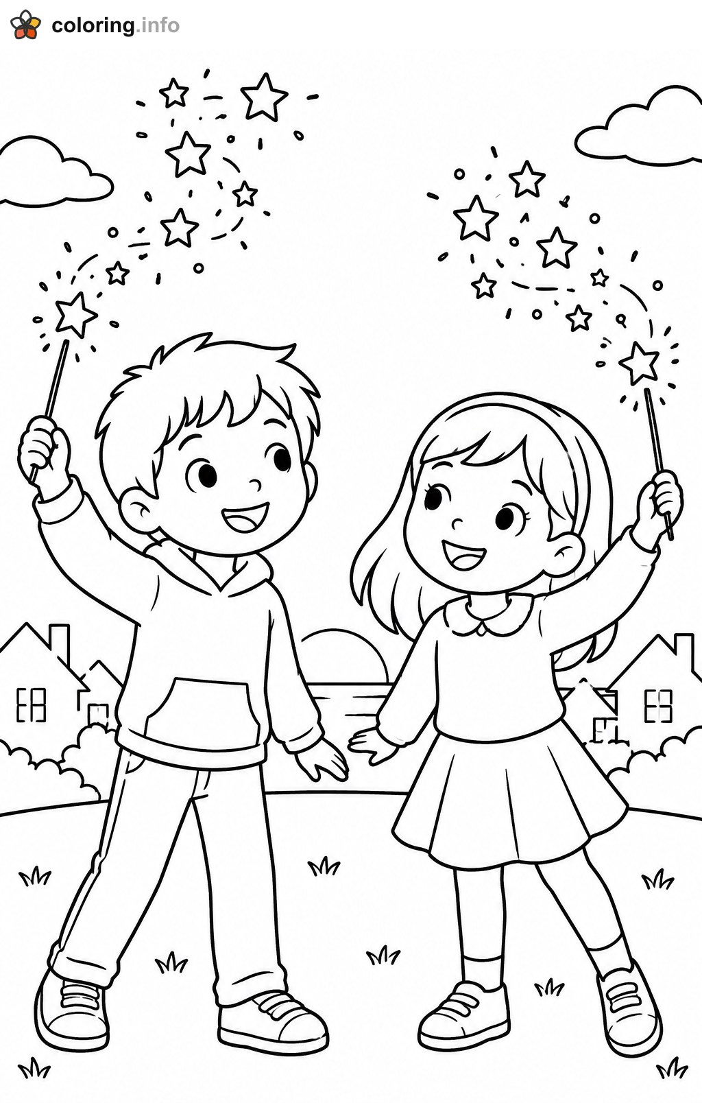 Kids Waving Star Sparklers in the Yard coloring page Kids Waving Star Sparklers in the Yard coloring page