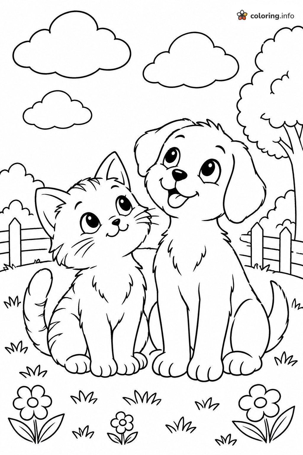 Puppy and Kitten Pals Sitting on a Grassy Hill coloring sheet Puppy and Kitten Pals Sitting on a Grassy Hill coloring sheet