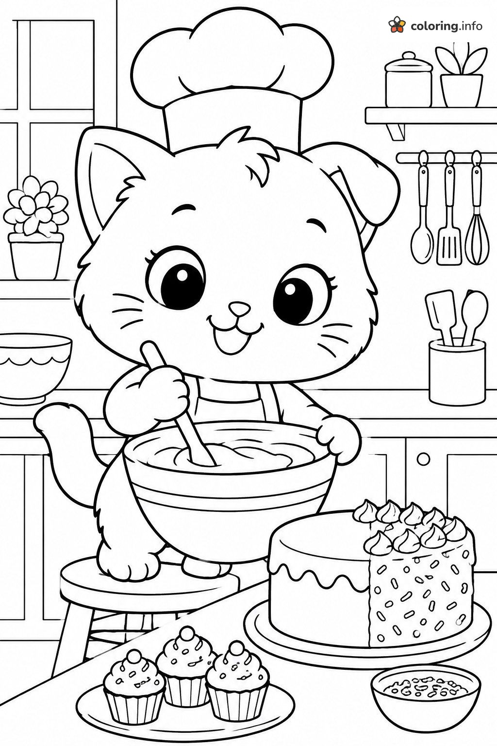 Talking Tom Chef Kitten Stirring Batter by a Frosted Cake coloring page Talking Tom Chef Kitten Stirring Batter by a Frosted Cake coloring page
