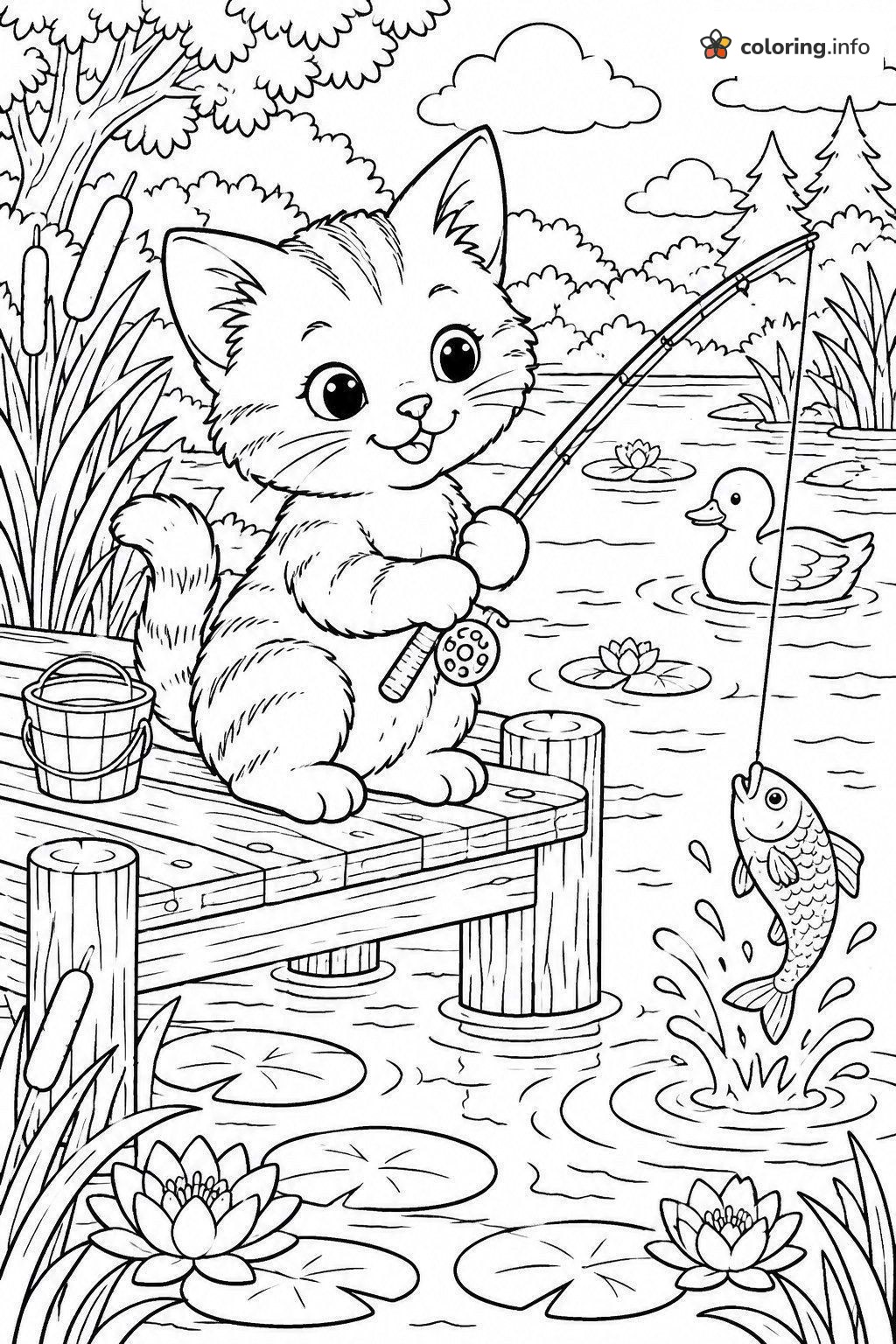 Fishing Kitten on a Wooden Dock with a Duck coloring page Fishing Kitten on a Wooden Dock with a Duck coloring page