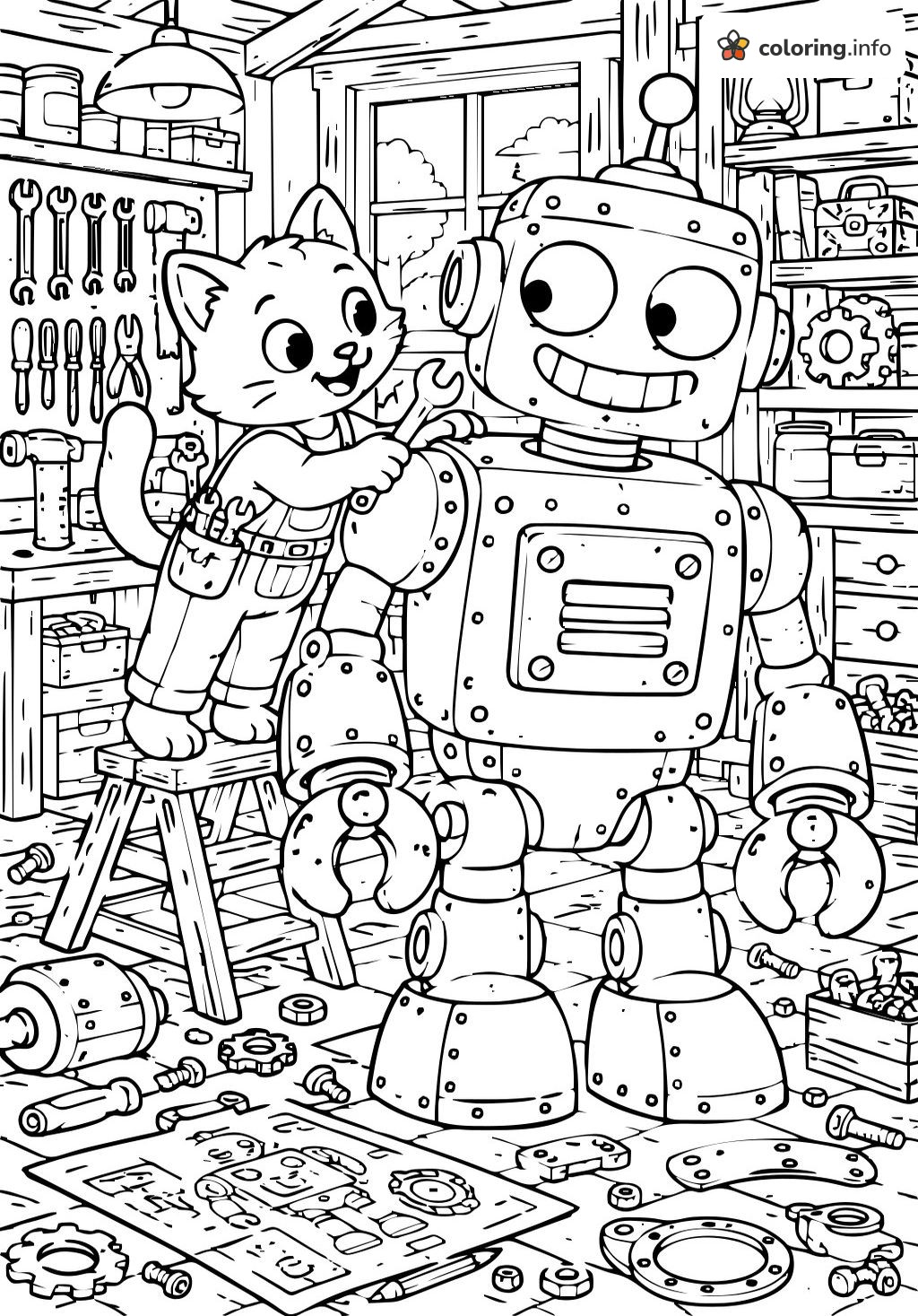 Workshop Repair Day with Kitten and Robot, Dog Man Page coloring page Workshop Repair Day with Kitten and Robot, Dog Man Page coloring page