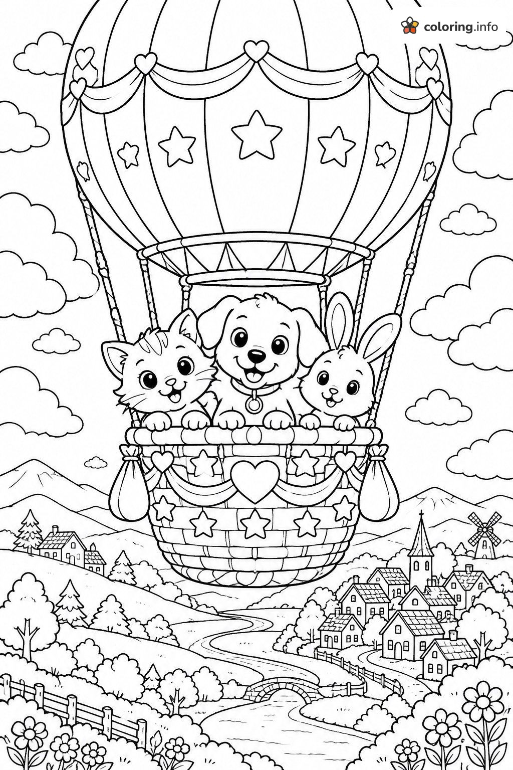 Hot Air Balloon with Kitten, Puppy and Bunny, Adopt Me! coloring page Hot Air Balloon with Kitten, Puppy and Bunny, Adopt Me! coloring page