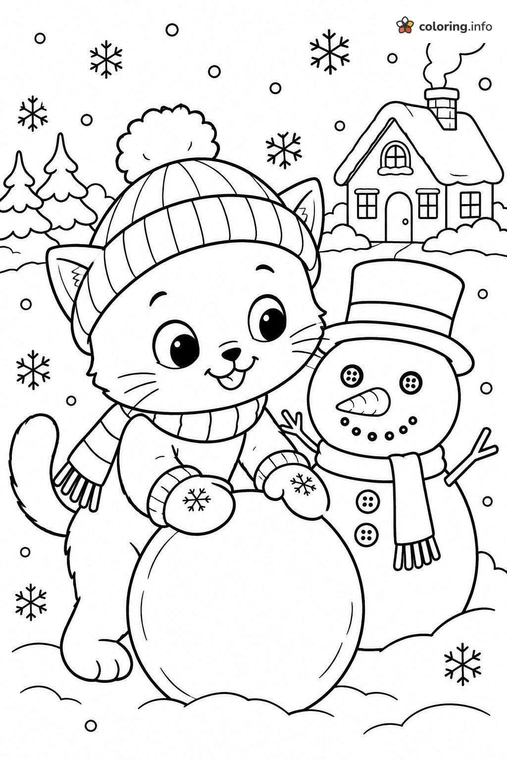 Snowman Building Kitten by a Cozy Cottage, Talking Tom Winter Page coloring sheet Snowman Building Kitten by a Cozy Cottage, Talking Tom Winter Page coloring sheet