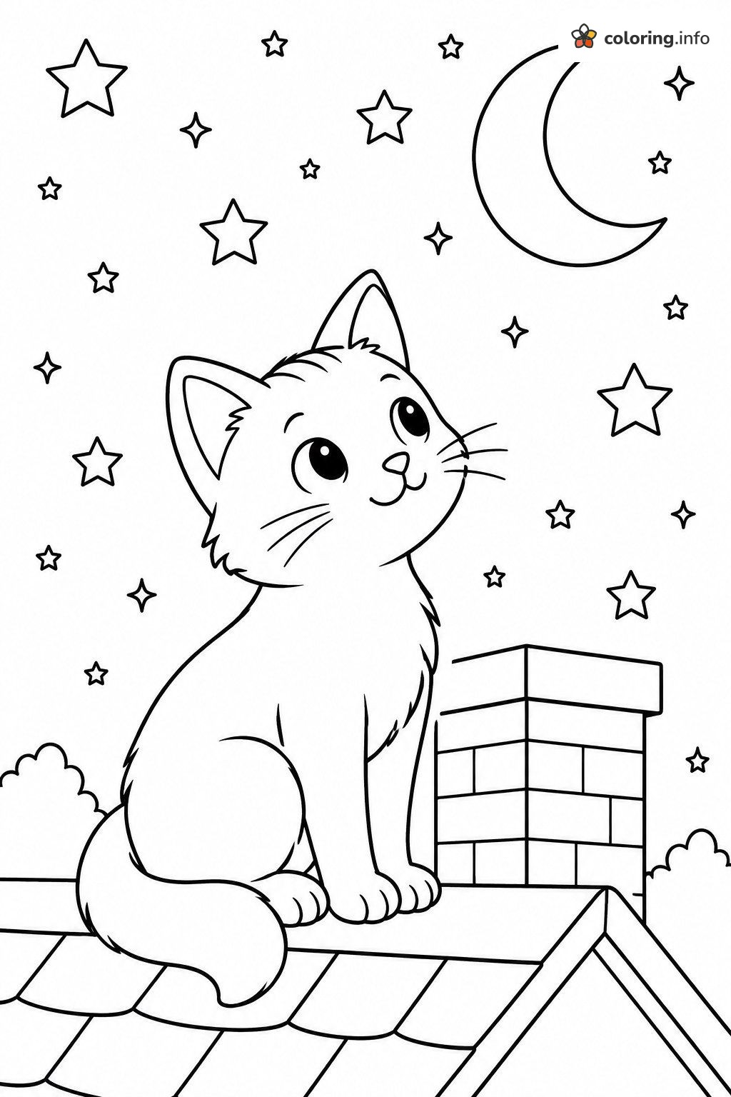 Kitten on a Rooftop Watching Moon and Stars coloring page Kitten on a Rooftop Watching Moon and Stars coloring page