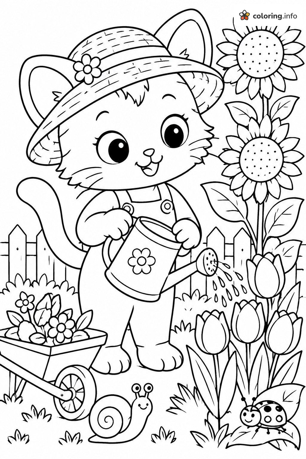 Sun Hat Kitten and Tulips: 44 Cats Garden Page coloring page Sun Hat Kitten and Tulips: 44 Cats Garden Page coloring page