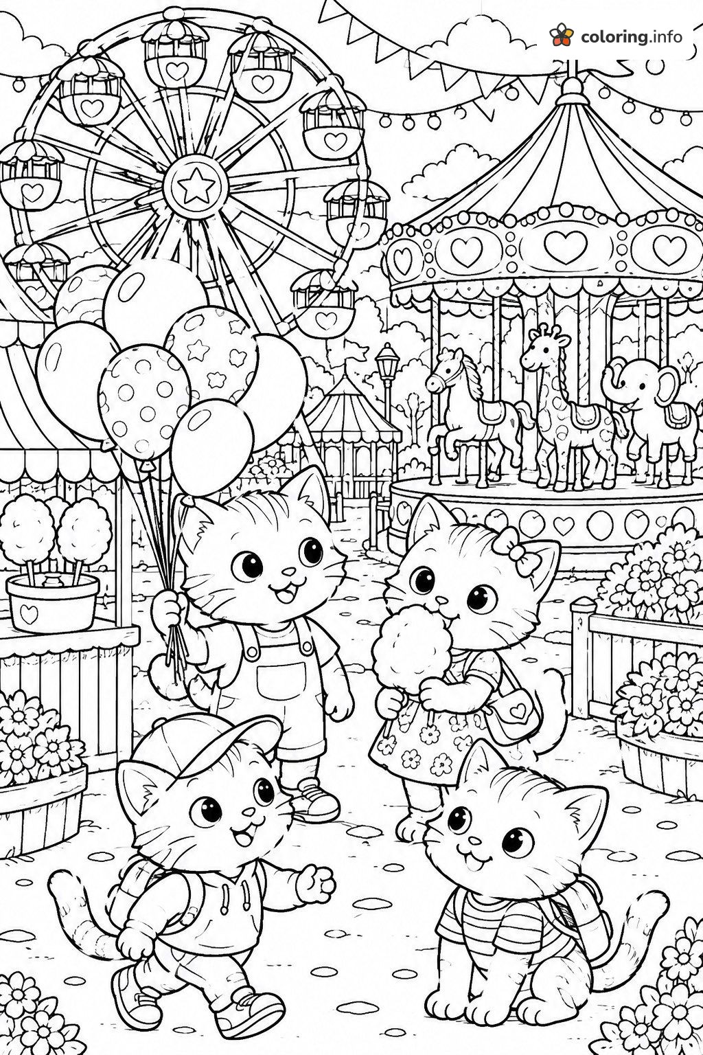 Amusement Park Kittens with Balloons, 44 Cats Coloring Page Amusement Park Kittens with Balloons, 44 Cats Coloring Page