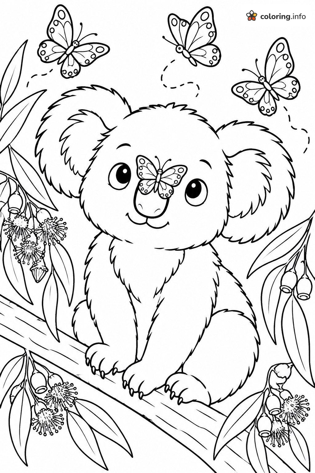 Butterfly Visits a Koala on a Branch coloring page Butterfly Visits a Koala on a Branch coloring page