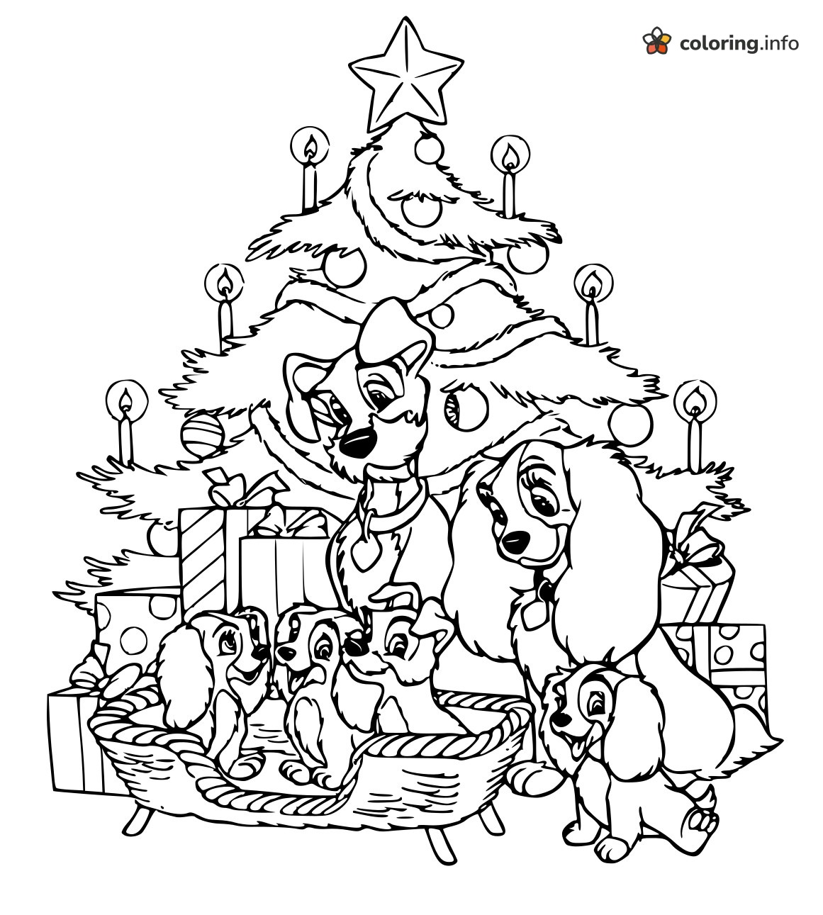 Lady and the Tramp Disney Christmas Tree Scene with Puppies printable coloring page Lady and the Tramp Disney Christmas Tree Scene with Puppies printable coloring page